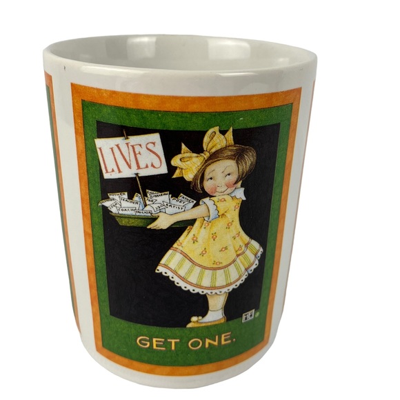 1990s Mary Engelbreit Humorous Coffee Mug "Lives: Get One" Checkerboard Handle - Picture 2 of 7